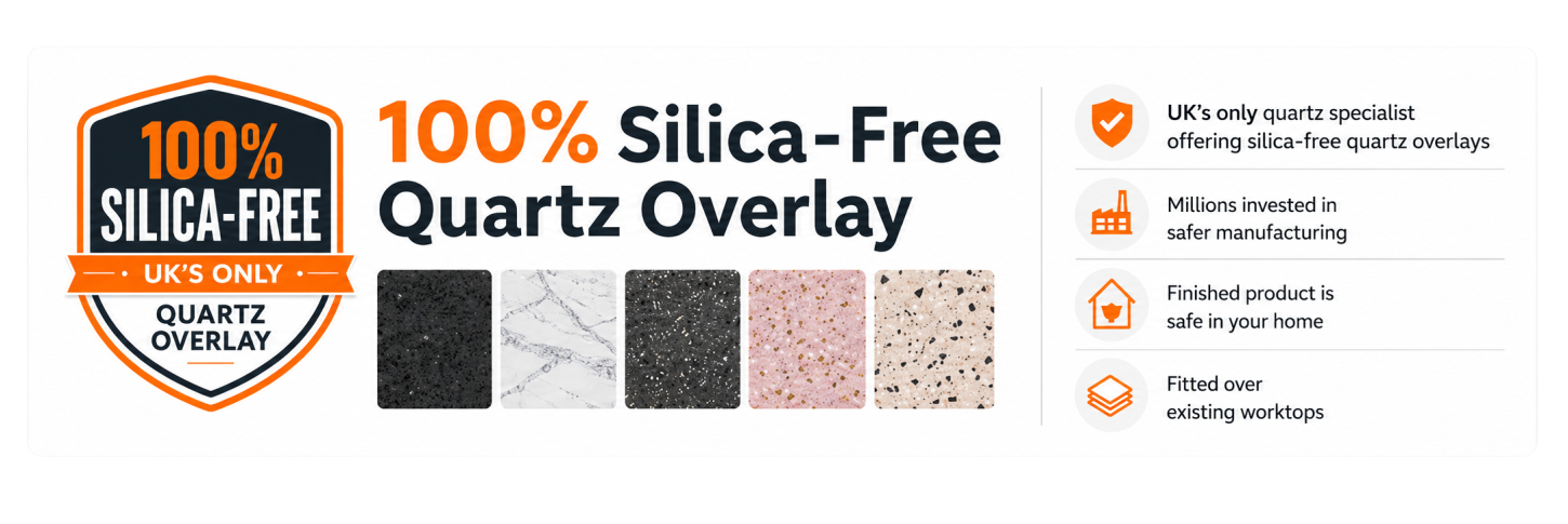 100% silica-free quartz overlay worktops banner showing sample finishes and key benefits: UK’s only quartz overlay specialist offering silica-free quartz, millions invested in safer manufacturing, no danger from the finished product in your home, and fitted over existing worktops.