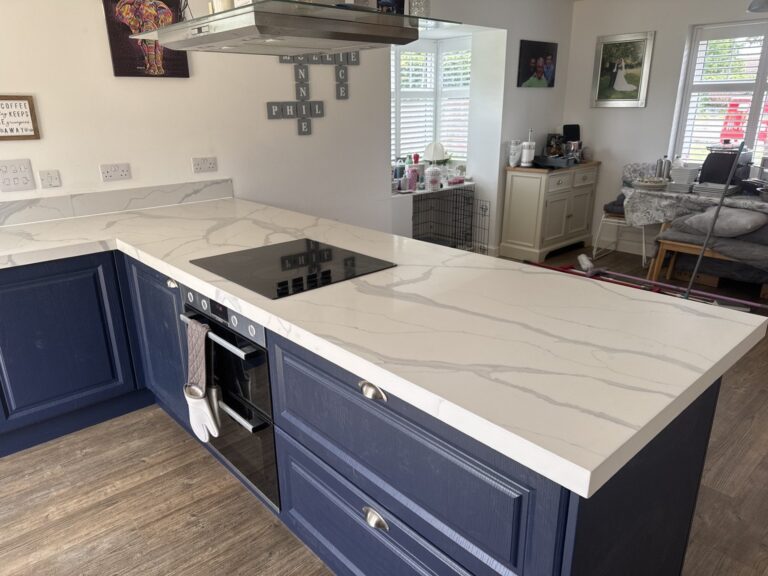 Modern Hertfordshire kitchen with Classic Square Legno Marine Blue doors and Vitton Quartz worktops after transformation