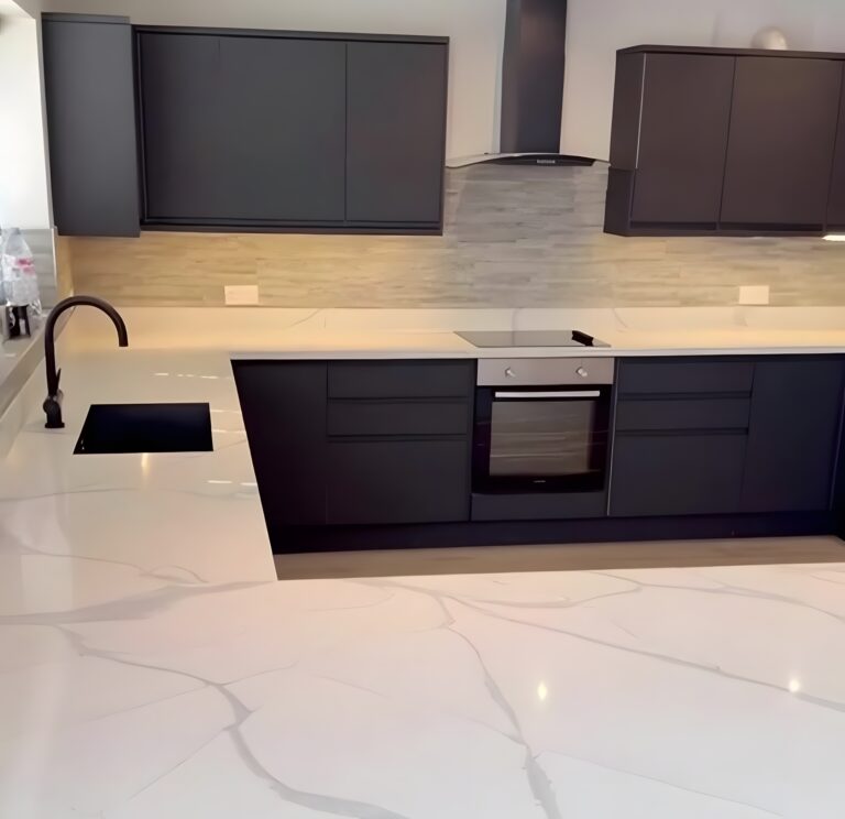 Modern Tredegar kitchen with Vitton Quartz overlay worktops after transformation