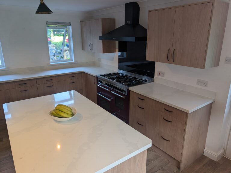 Carrara Gold Quartz Overlay Worktops And La Moda Natural Kendal Oak Doors In Mrs Semper’s Modernised Kitchen, Newton Abbot (4)