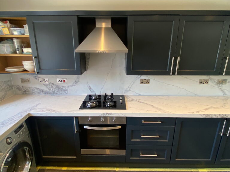 Modern Handcross kitchen with Calacatta Retro quartz overlay worktops after transformation