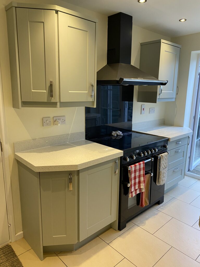 After – Cologne doors in Meadow Green Matt – White Sparkle quartz overlay – Worcester