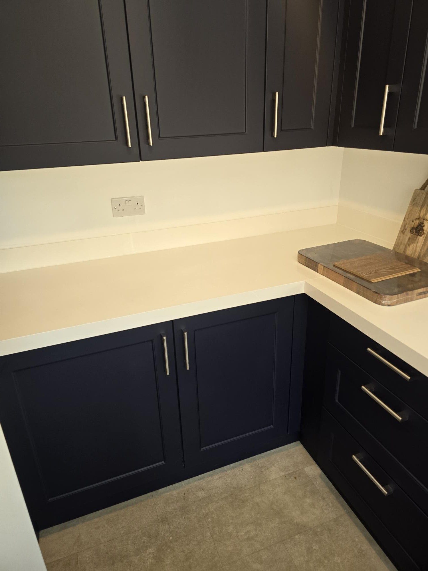 After – Horton doors in Marine Blue Superior Matt – Pure White quartz overlay – Rutherford