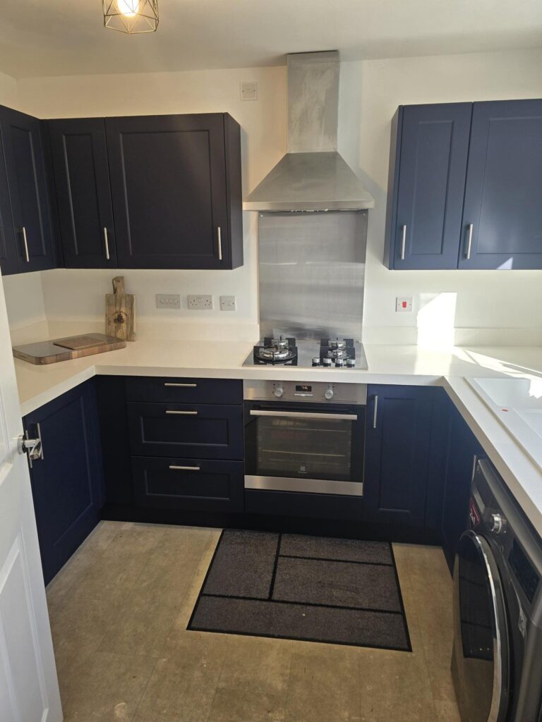 After – Horton doors in Marine Blue Superior Matt – Pure White quartz overlay – Rutherford