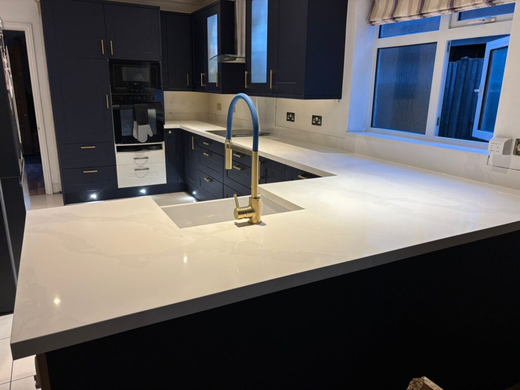 After – Taunton doors in Marine Blue Superior – Carrara Gold quartz overlay – Dunstable