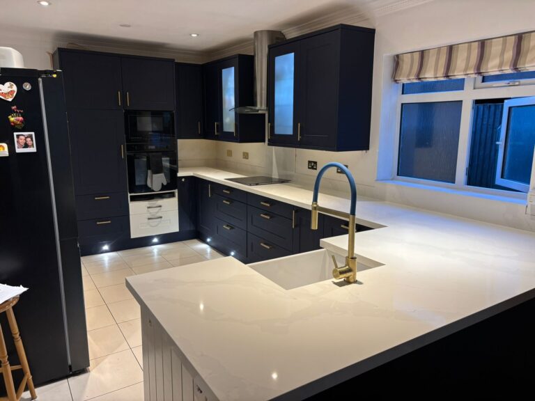 After – Taunton doors in Marine Blue Superior – Carrara Gold quartz overlay – Dunstable