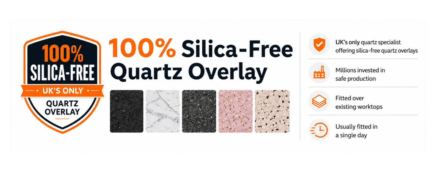 100% silica-free quartz overlay worktops banner showing sample finishes and key benefits: UK’s only quartz overlay specialist offering silica-free quartz