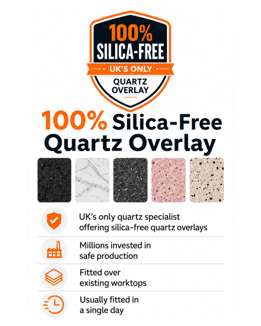 100% silica-free quartz overlay worktops banner showing sample finishes and key benefits: UK’s only quartz overlay specialist offering silica-free quartz
