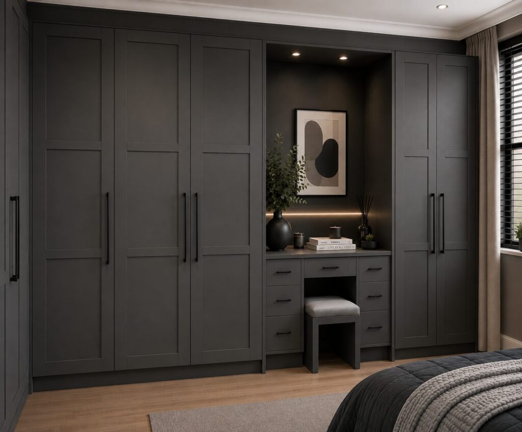 Design visualisation of charcoal grey Shaker wardrobe doors with black handles and coordinated panelling