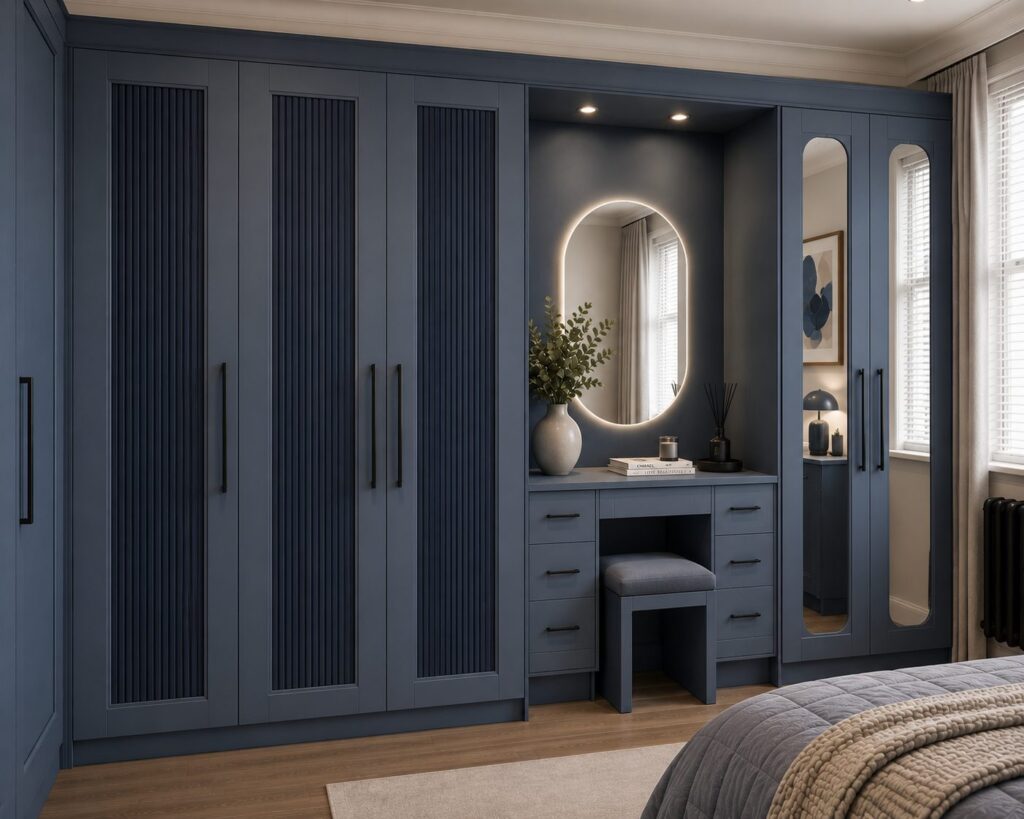 Design visualisation of navy blue reeded wardrobe doors with brass handles and mirrored doors