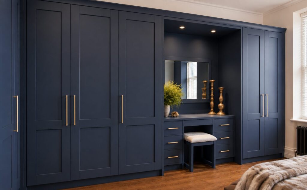 Design visualisation of navy blue Shaker wardrobe doors with brass handles and a matching dressing table
