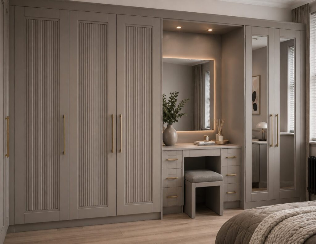 Design visualisation of taupe reeded wardrobe doors with brass handles, mirrored doors and dressing table