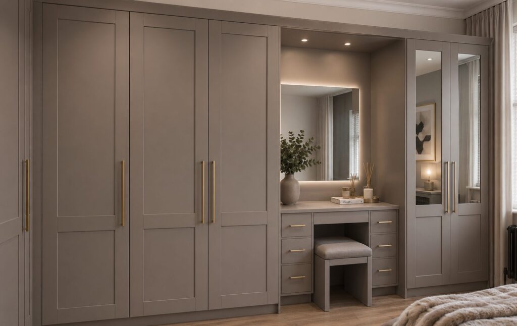 Design visualisation of taupe Shaker wardrobe doors with full-length mirrors and a matching dressing table