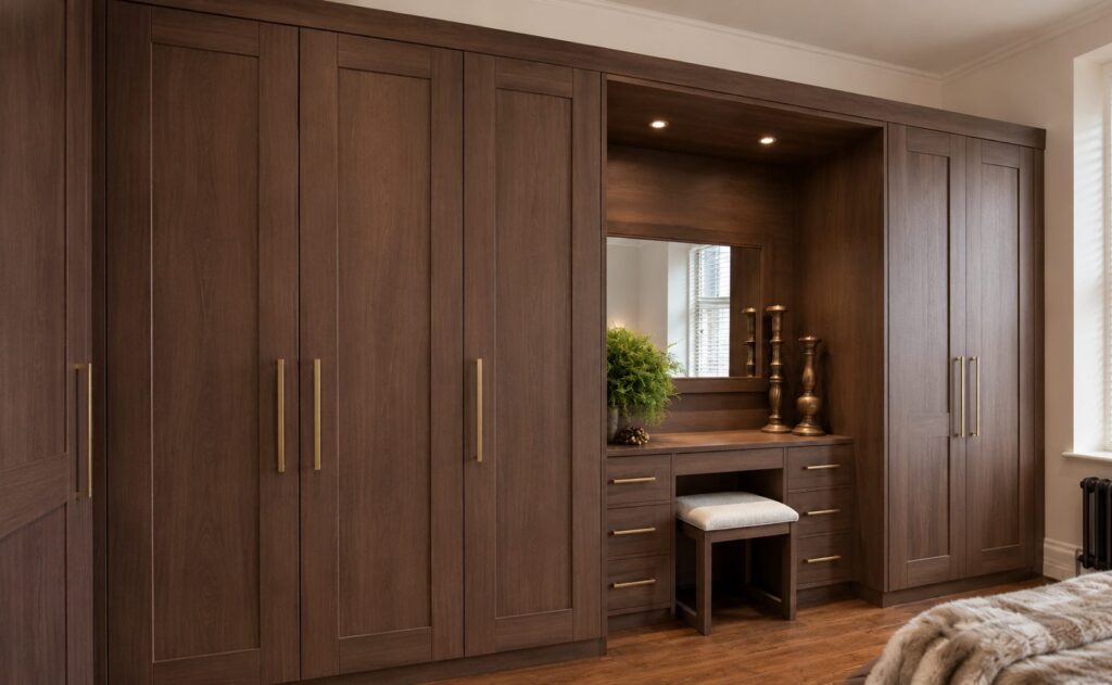 Design visualisation of walnut-effect Shaker wardrobe doors with brass handles and coordinated panelling