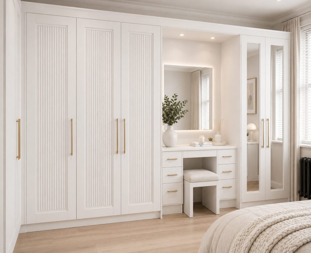 Design visualisation of white reeded wardrobe doors with brass handles, mirrored doors and dressing table