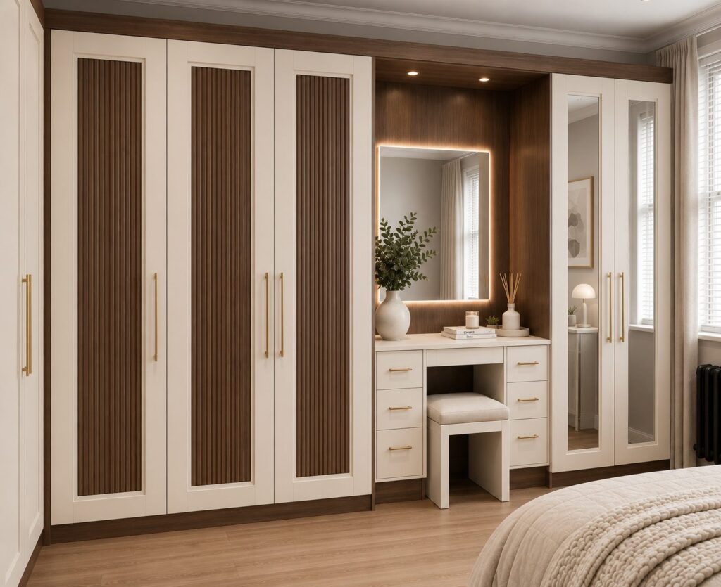 Design visualisation of white and walnut reeded wardrobe doors with brass handles and matching panels