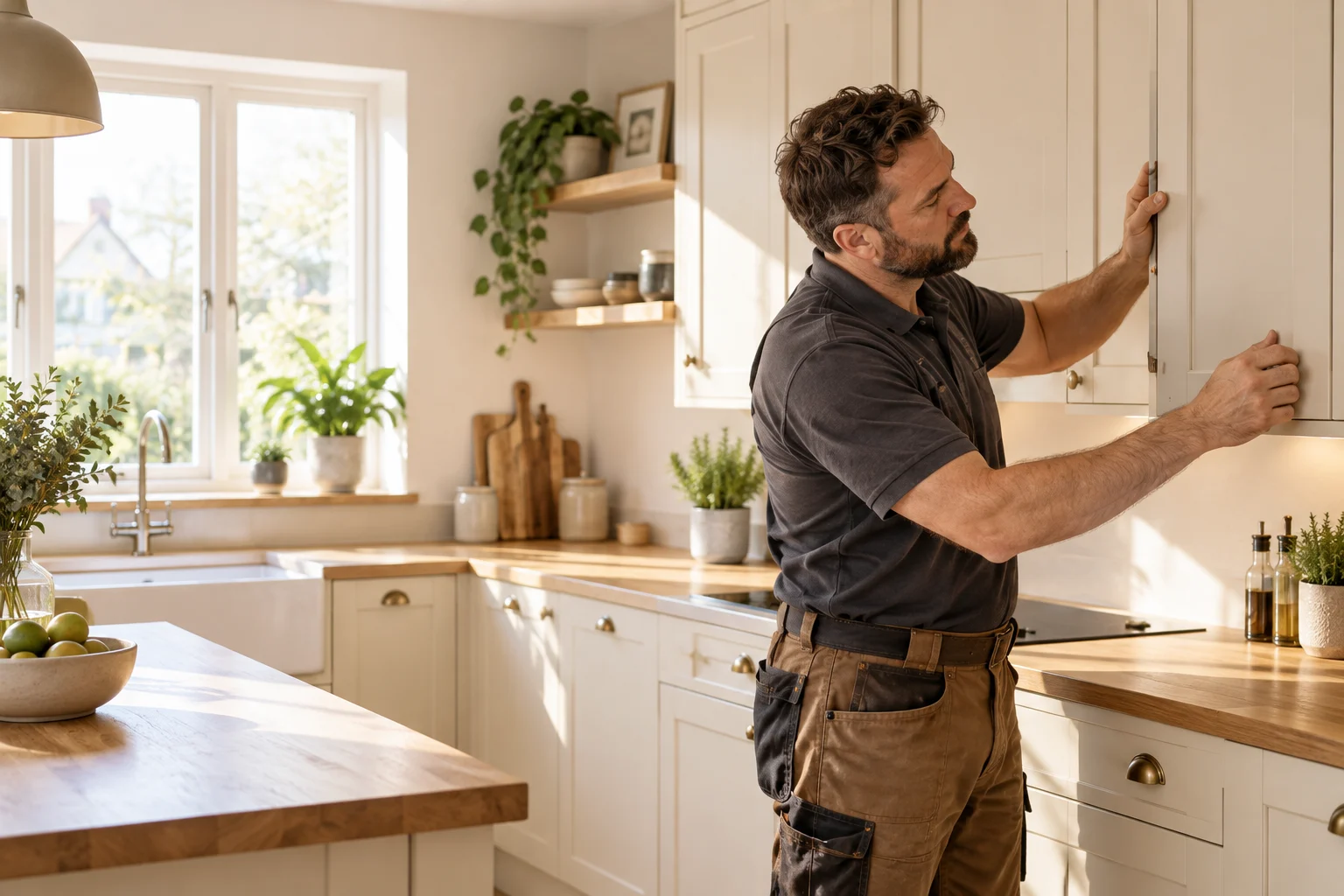 Illustrative scene of an installer carefully checking a kitchen door