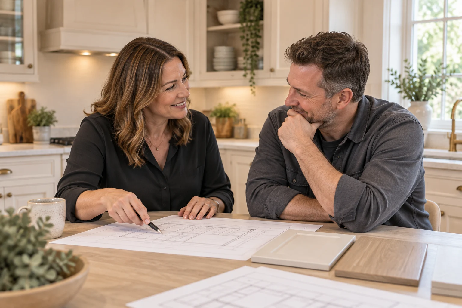 Illustrative scene of two people discussing kitchen plans and door samples