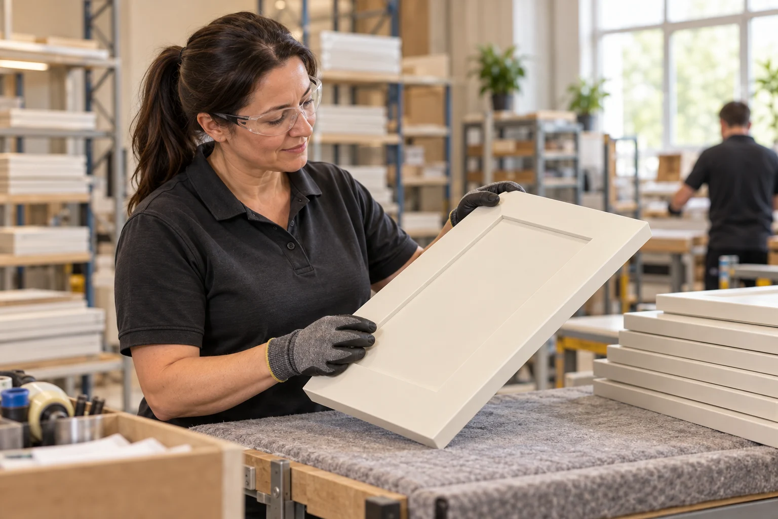 Illustrative scene of a factory team member inspecting kitchen doors