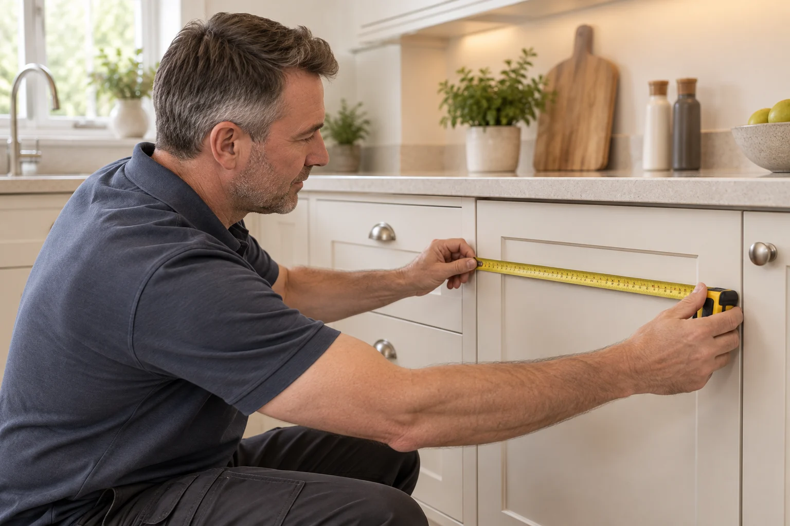 Illustrative scene of a kitchen surveyor taking careful measurements