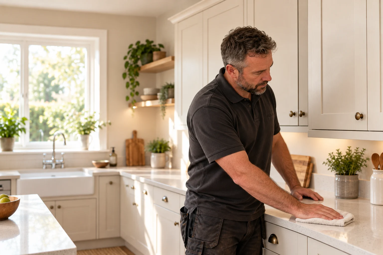 Illustrative image of a kitchen installer polishing a quartz worktop with a cloth